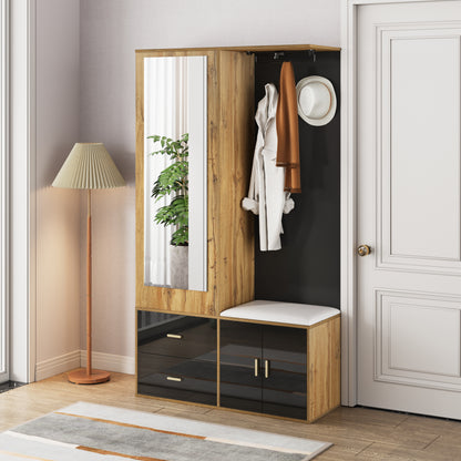 Elegantes Kleiderschrank Set in Schwarz und Holzfarbe mit Spiegel, Schuhschrank, Schuhbank mit Haken und ausziehbaren Kleiderbügeln.