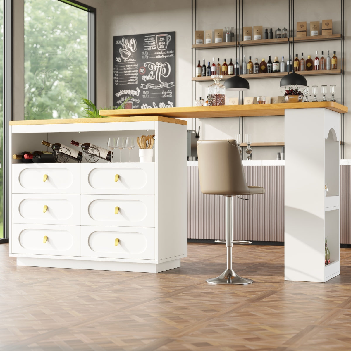 Bartisch ausziehbar 138-203cm, 360° drehbarer Stehtisch mit 6 Schubladen & Snack-Regal, moderner Küchentisch, Schreibtisch & Bar, Weiß