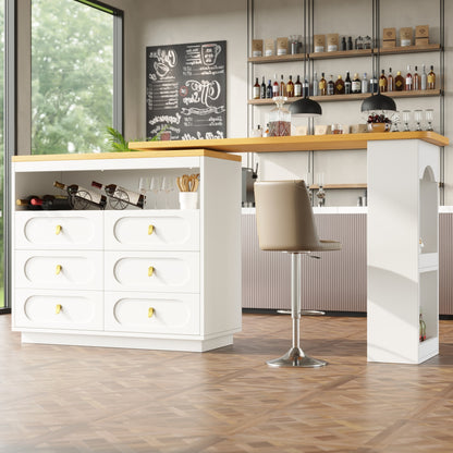 Bartisch ausziehbar 138-203cm, 360° drehbarer Stehtisch mit 6 Schubladen & Snack-Regal, moderner Küchentisch, Schreibtisch & Bar, Weiß