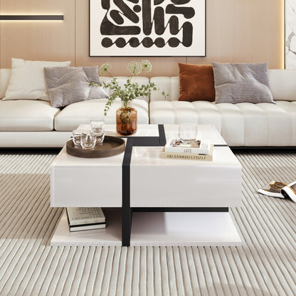 Hochglanz-Couchtisch, Tisch mit 4 Schubladen, einzigartige Farbabstimmung und Liniendesign, Stauraum unten. 78*78*36cm