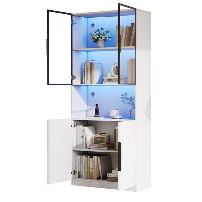 Moderne Vitrine Weiß 80x30x200cm - Glasschrank mit LED-Beleuchtung, Einstellbare Helligkeit & Farbtemperatur, Bücherregal für Sammlerstücke, weiß
