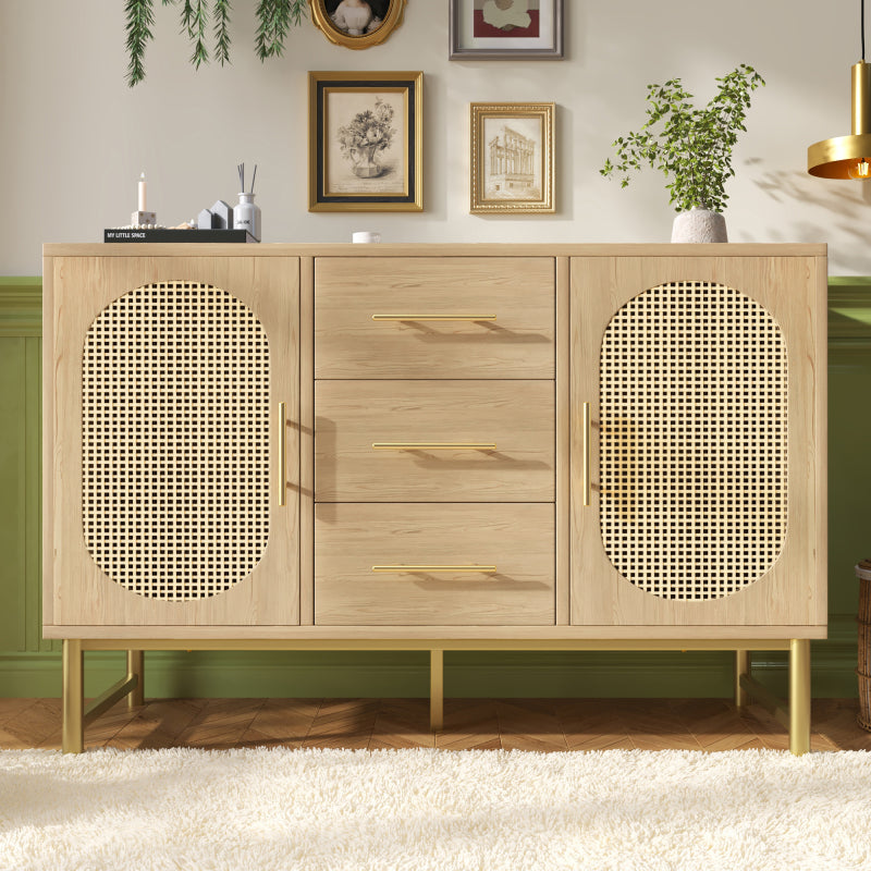 Rattan kommode mit 3-Schubladen und 2-Rattan-Türer,kommode schrank, Schminktisch, für Schlafzimmer und Wohnzimmer, Verstellbare Regale, Kippschutz, 120 x 40 x 74 cm, Sonoma Eiche