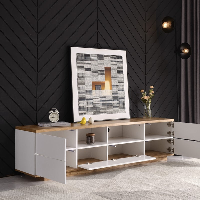 Moderner Farbblock-TV-Schrank in weißer Ausführung, TV-Schrank mit Holzmaserung, 180 cm