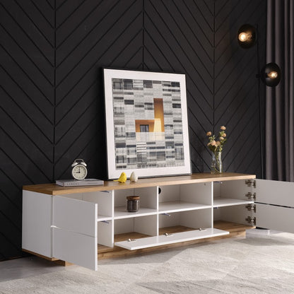 Moderner Farbblock-TV-Schrank in weißer Ausführung, TV-Schrank mit Holzmaserung, 180 cm