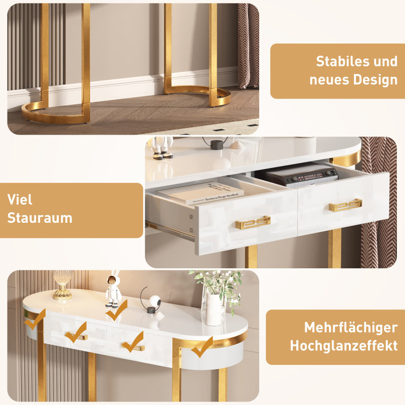 100 x 40 x 76 cm, Moderner und schlichter weißer Hochglanz-Sofa-Beistelltisch, Wohnzimmer-Konsolentisch,  Schreibtisch mit 2 Schubladen, geeignet für Wohnzimmer, Schlafzimmer, Büro, Flur
