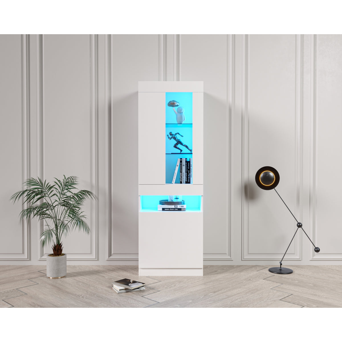 Schwarze LED-Vitrine mit 2 Glastüren - Standvitrine inkl. Beleuchtung, Freistehender Schrank für Wohnzimmer, Buffetschrank & Sammlervitrine, Weiß