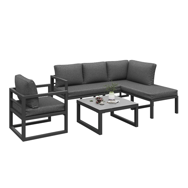 Seil-Gartenmöbel-Set, Garten-Lounge-Set, Ecksofa mit verzinktem Eisengestell, verstellbare Beine, inklusive aller Sitz- und Rückenkissen, grau