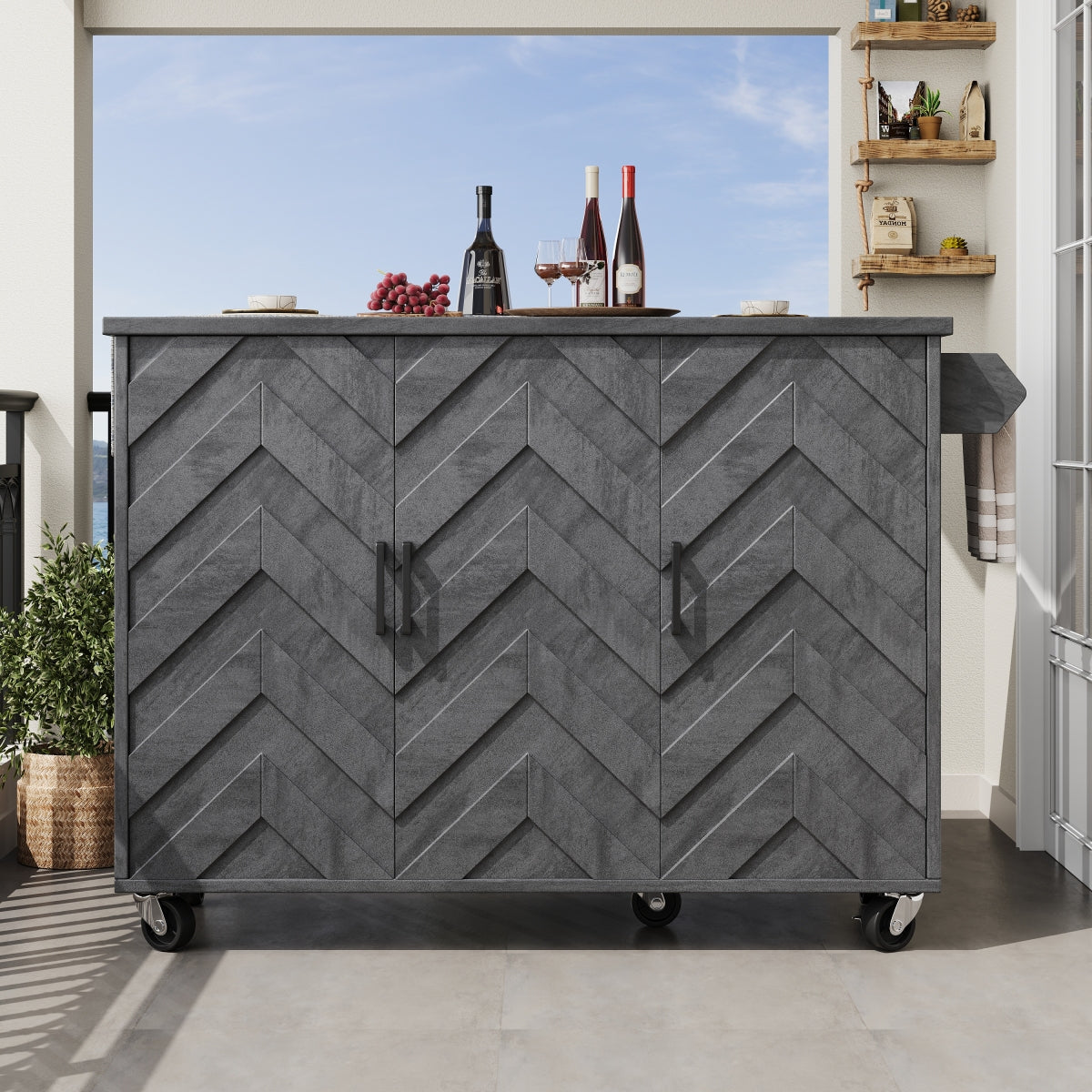 Mobile Kücheninsel 118x75cm Klappbar Servicewagen Grau mit Rollen, 3 Türen, 3 Schubladen & 3D-Wellenmuster Design, Küchenwagen