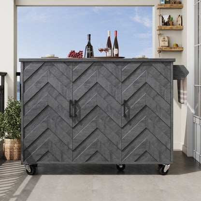 Mobile Kücheninsel 118x75cm Klappbar Servicewagen Grau mit Rollen, 3 Türen, 3 Schubladen & 3D-Wellenmuster Design, Küchenwagen
