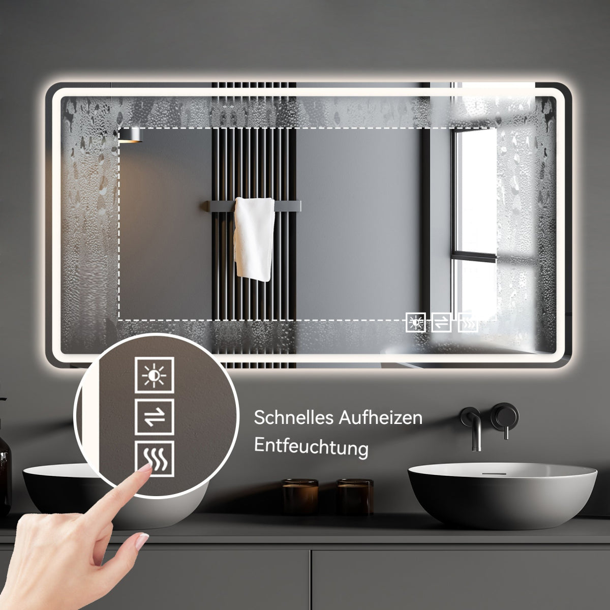 LED Badezimmerspiegel 60×100 cm – rahmenlos, dimmbar, Anti-Beschlag, energiesparend, Sicherheitsglas, Wandspiegel mit Beleuchtung