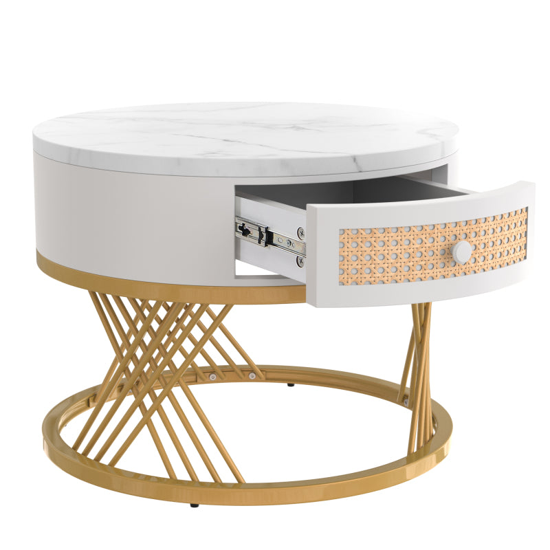 2 in 1 Runder Couchtisch aus MDF, Beistelltisch mit Tischplatte aus Marmor und Schubladen aus Kunststoff-Rattan, Griffe aus Massivholz. goldene Eisenfüße. 70*70*45,5+50*50*38,5cm