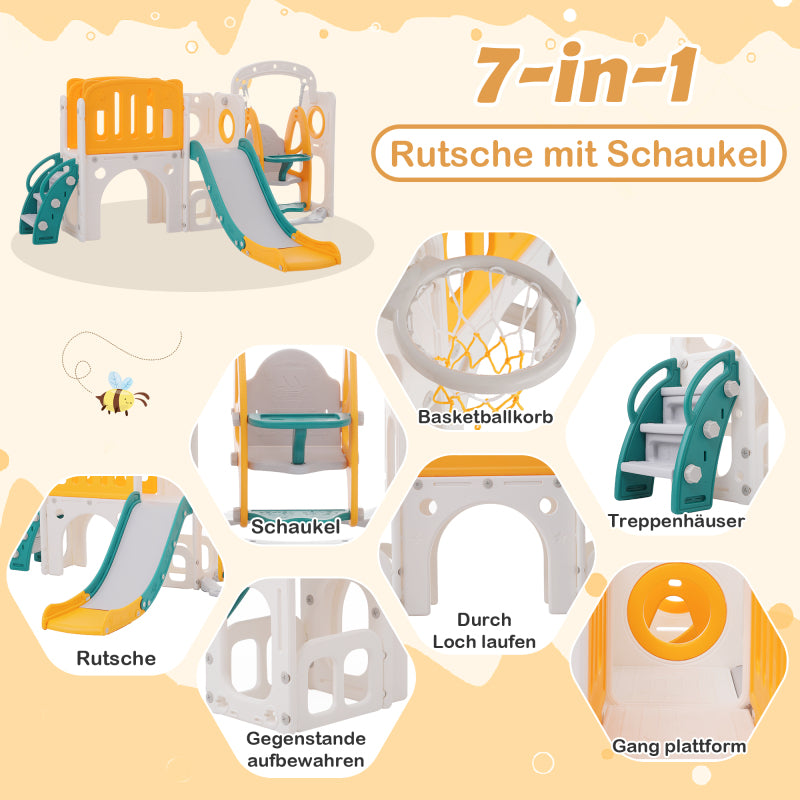 7-in-1-Rutsche für Kinder, bestehend aus Rutsche, Schaukel, Plattform, Unterschrank, Lochbohrspiel, Basketballkorb und Treppe - hochdichtes Polyethylen (Ozeanball nicht enthalten)