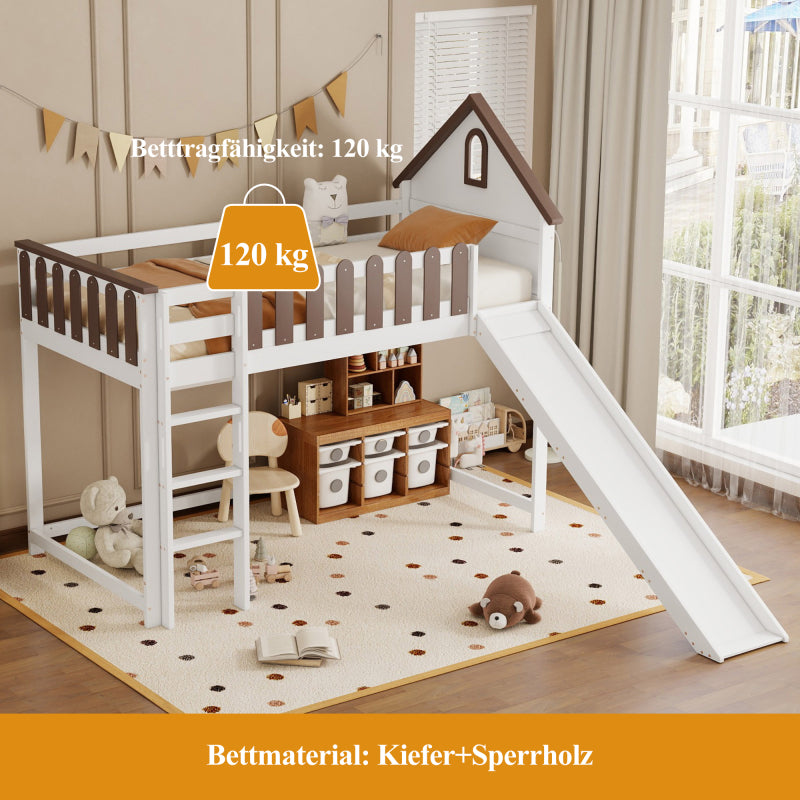 Hochbett, Mit Dach und Fenster, Mit dreistufiger gerader Leiter, Jugendbett, Kinderbett mit Rutsche,  Kiefer+MDF, Weiß+Walnuss, 90x200cm