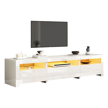 Weißer Hochglanz-TV-Schrank mit LED-Beleuchtung und Stauraum, weißes niedriges Paneel, bietet Platz für 80-Zoll-Fernseher, TV-Unterschrank mit herunterklappbarer Schranktür, 190 x 24 x 40 cm