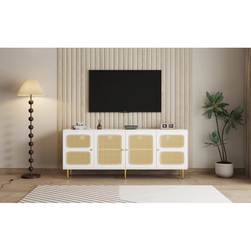 Eleganter Weißer Rattan-TV-Schrank 180x40x72 cm - Mit 4 Rattantüren, Höhenverstellbaren Regalen und Kabelmanagement, Für bis zu 80 Zoll Fernseher,TV-Schränke,Lowboards