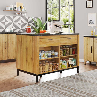 Kücheninsel 120x75 cm (Eiche & Marmor-Optik), Küchentheke mit Sitzplatz, 2 Schubladen, Metallgestell