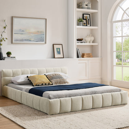 Doppelbett 160x200 cm, Bett mit seidig weichem Chenille - Bezug, quadratischem Steppdesign, Beige (ohne Matratze)