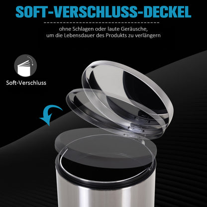 Treteimer 30L Abfalleimer mit Inneneimer und Soft Schließen aus Edelstahl Silber Ø29,2xH62,5 cm für Küche & Büro