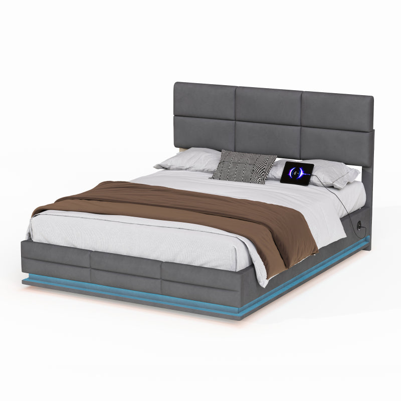160 x 200 cm Bettgestell aus weichem Samt mit USB Type C Ladefunktion und LED Beleuchtung, Hydrauliksystem Stauraum Bettgestell aus Samtmaterial Jugendbett mit Lattenrost, Grau