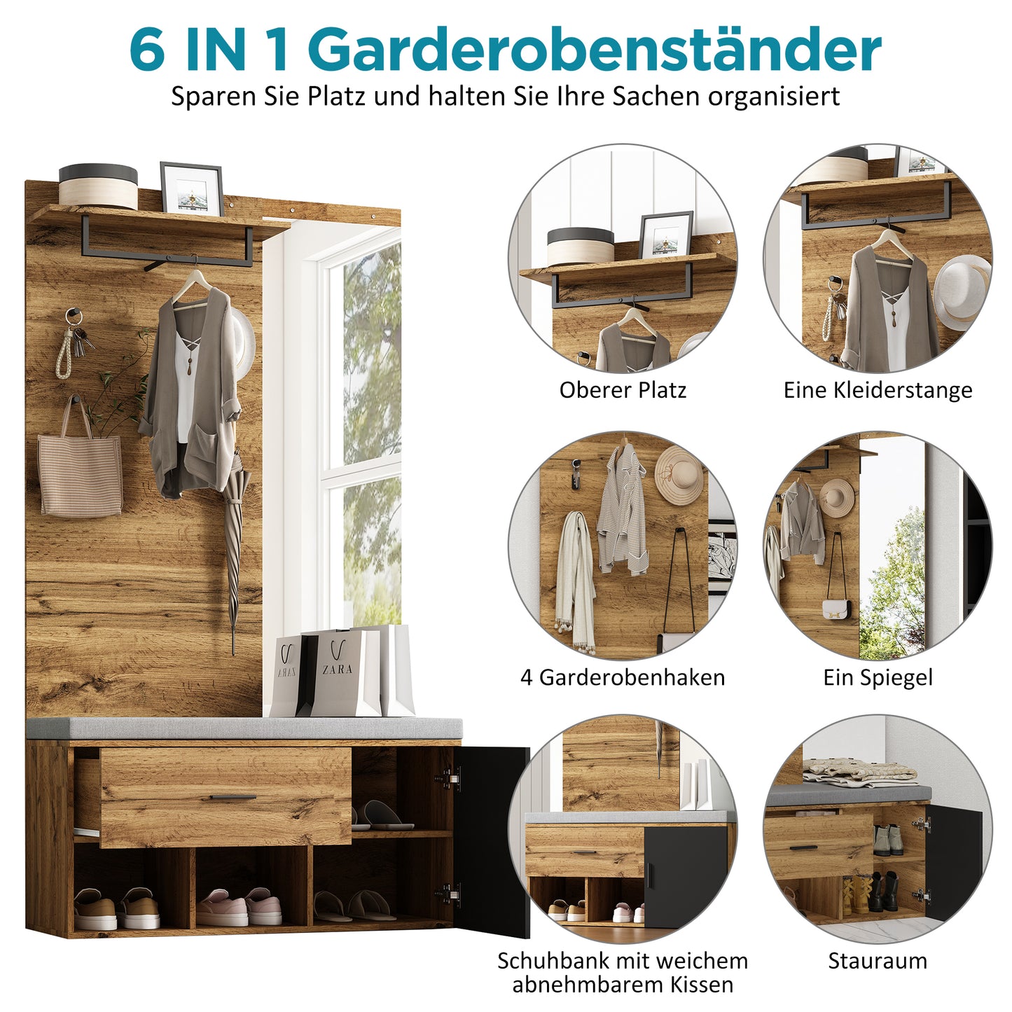 Garderoben Set in Holzoptik mit Spiegel, Schuhbank (104 x 39 cm) mit Polster, Schuhschrank, Schublade, Regal, Kleiderhaken – Praktisches Design für den Eingangsbereich
