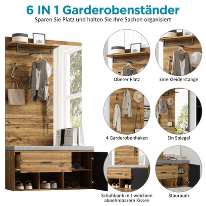 Garderoben Set in Holzoptik mit Spiegel, Schuhbank (104 x 39 cm) mit Polster, Schuhschrank, Schublade, Regal, Kleiderhaken – Praktisches Design für den Eingangsbereich