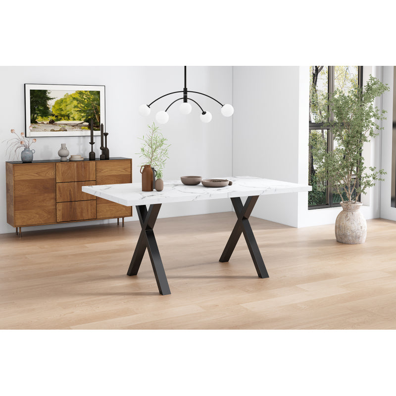 Esstisch, Design mit gekreuzten Beinen, Marmorstruktur, Schwarz und Weiß