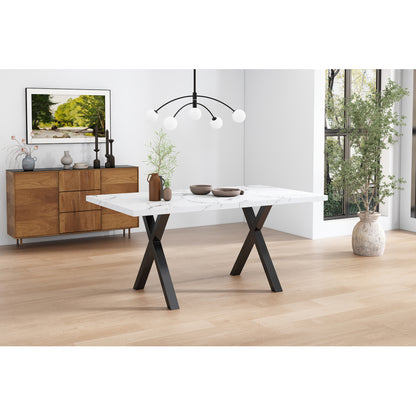 Esstisch, Design mit gekreuzten Beinen, Marmorstruktur, Schwarz und Weiß