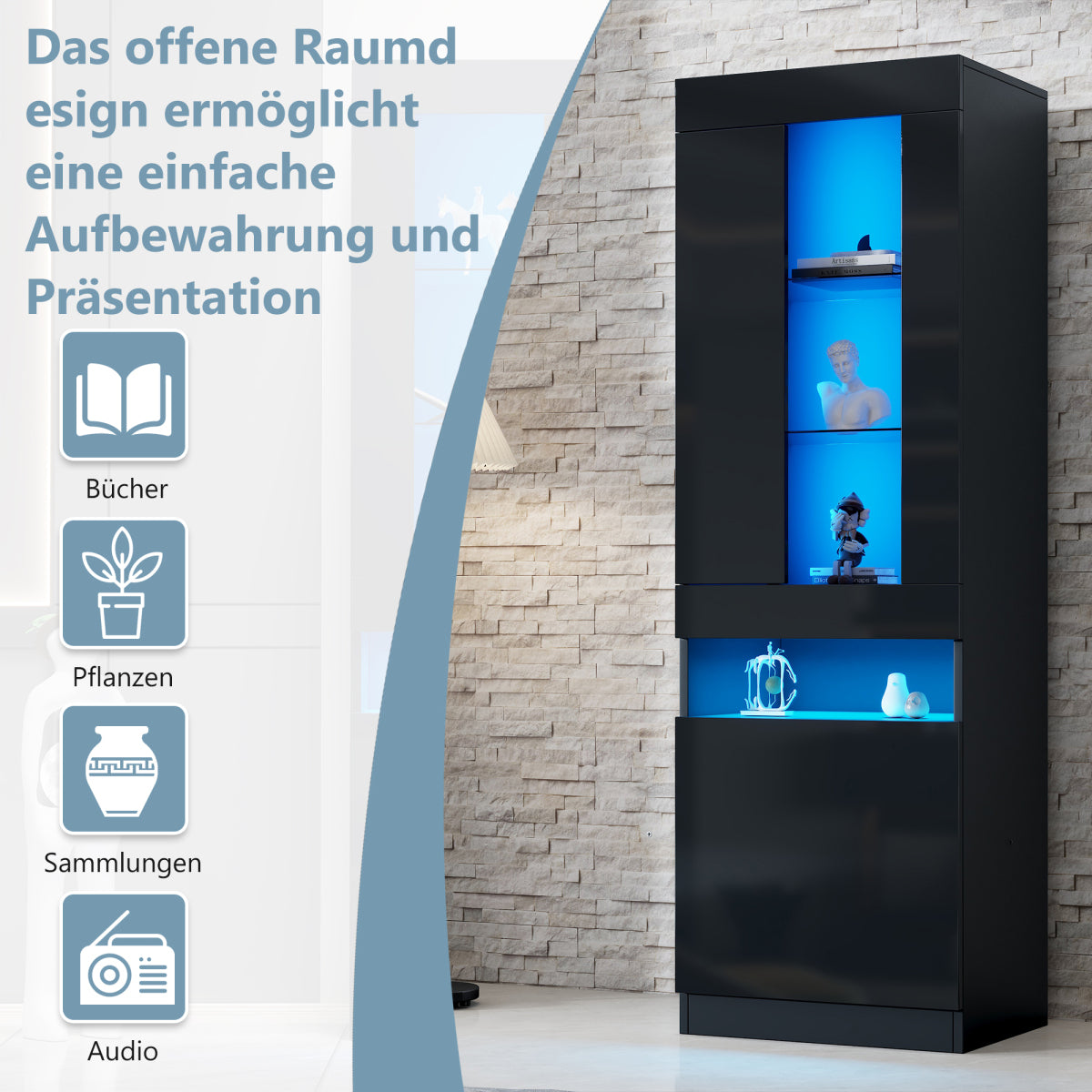 Vitrine Schwarz Hochglanz, LED-Beleuchtung, 180 cm, Glaskantenbeleuchtung
