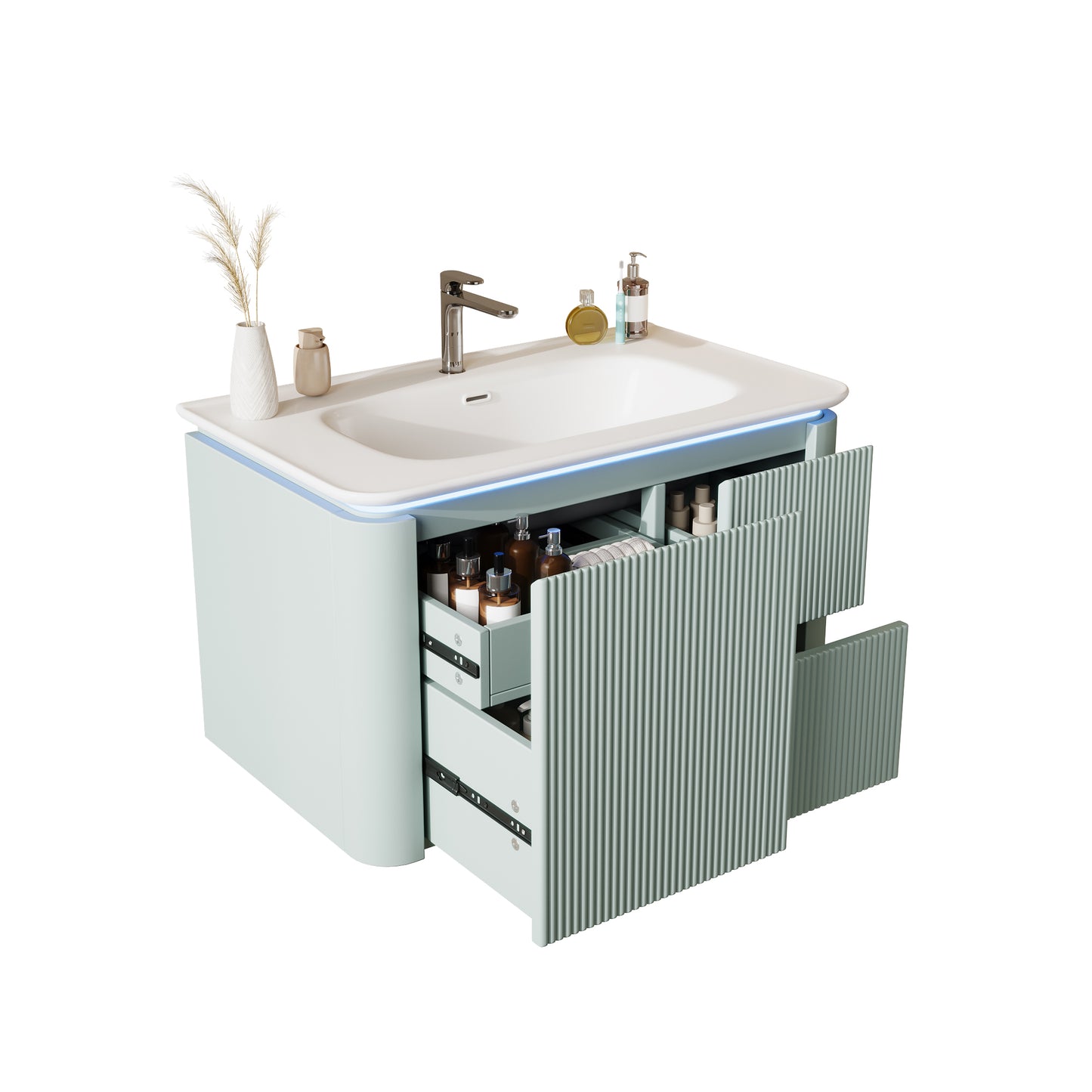 Badezimmerschrank Wandhängend 80cm Grün, 3D-Struktur & LED-Sensor, Waschtisch mit Keramikbecken, 4 leise Schubladen, Lackiert, Anti-Stoß