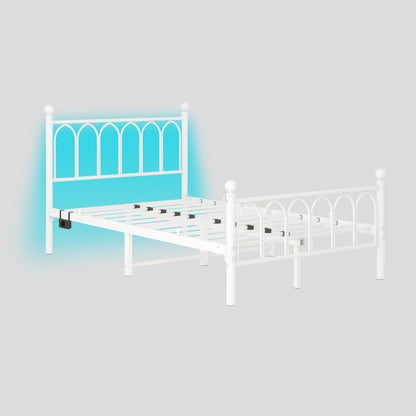 120x200cm Metall-Bettrahmen mit Vintage Kopf und Fußplatte, USB-Ladestation, LED-Bettrahmen, Heavy Duty Stahl Slat Unterstützung, Reichweite Unterbett-Speicher, Keine Box-Feder erforderlich, Weiß