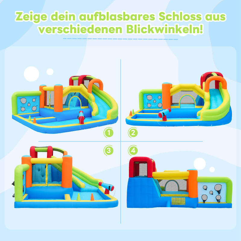[Ganzjähriger Spielspaß] Hüpfburg mit Gebläse Multifunktionaler Wasserpark+Trampolinpark für Kinder, Inklusive 450W-Gebläse