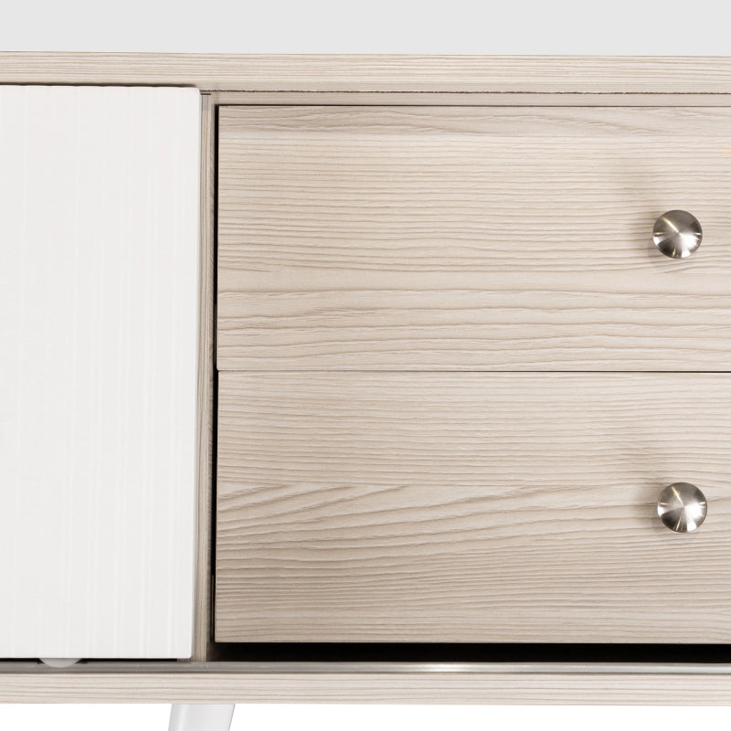 TV-Schrank mit zwei Schubladen, Fernsehtisch TV Board, TV- Lowboard niedrige Platte mit zwei Schiebetüren. Exquisite Textur. Weiß und natürliches Holzfarbe. H58/L160/T40 cm.