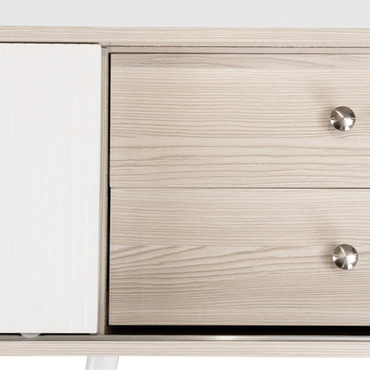 TV-Schrank mit zwei Schubladen, Fernsehtisch TV Board, TV- Lowboard niedrige Platte mit zwei Schiebetüren. Exquisite Textur. Weiß und natürliches Holzfarbe. H58/L160/T40 cm.