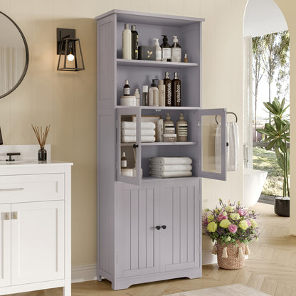 57.5 x 28.5 x 160cm Badezimmer-Hochschrank mit Stauraum, feuchtigkeitsbeständige Farbe, Glasschranktür, Holzschranktür, zwei offene Ablagefächer, verstellbare Trennwände, einfache Textur, Grau