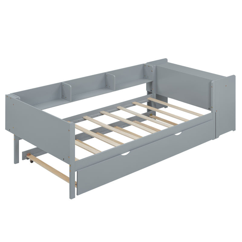 90*200cm, Flachbett, mit ausziehbarem Bett, mit Schreibtisch, drei Regale an der Seite des Bettes,grau