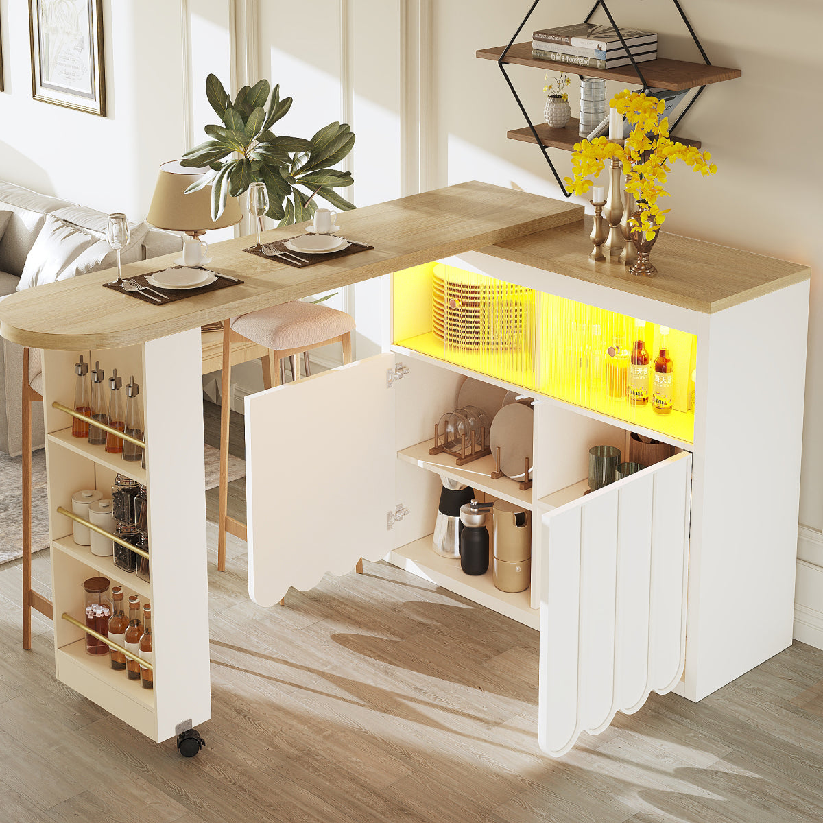 Ausziehbarer Bartisch 135-205cm mit LED & USB, Mobiler Hochtisch Weiß, Teleskop-Kücheninsel mit Glas-Schiebetür & Soft-Close, Gestreift