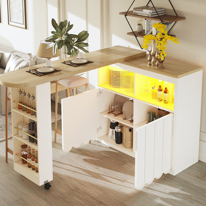 Ausziehbarer Bartisch 135-205cm mit LED & USB, Mobiler Hochtisch Weiß, Teleskop-Kücheninsel mit Glas-Schiebetür & Soft-Close, Gestreift