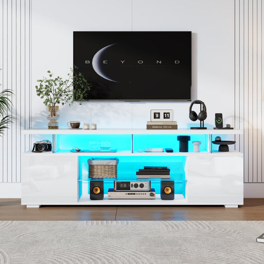 Moderner Low-Panel-Hochglanz-TV-Ständer mit LED-Beleuchtung, TV-Panel, TV-Glasschrank für 60-Zoll-Fernseher, Tische, universelle Gaming-Medienständer, Stauschränke und große Stauräume, Reinweiß