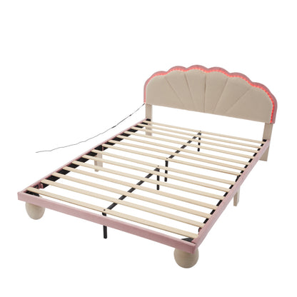 Polsterbett mit mehrfarbigen, wechselnden Lichtstreifen, Kopfteil mit Wellenschliff, mit gepolsterter runden Beine, Kinderbett, Jugendbett mit Holzlatten, Doppelbett, Samt, Beige+Rosa, 140x200cm