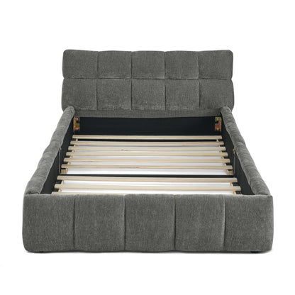 Einzelbett 90*200 cm, Kinderbett mit seidig weichem Chenille - Bezug, quadratischem Steppdesign, Dark Gray (ohne Matratze)