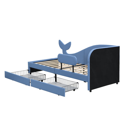 Kinder-Spleißbett, Polsterbett, Tagesbett, Walförmiges Design, Schlafsofa mit Metallbettgestell, 2 Schubladen auf Rollen, PU+MDF+Sperrholz, Blau, 90x200cm