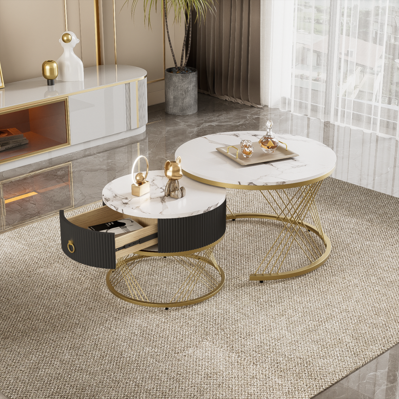 Eleganter zusammensetzbarer Couchtisch: Marmoroptik, Golddekor, Beistelltisch mit Schubladen – 2er-Set