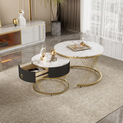 Eleganter zusammensetzbarer Couchtisch: Marmoroptik, Golddekor, Beistelltisch mit Schubladen – 2er-Set