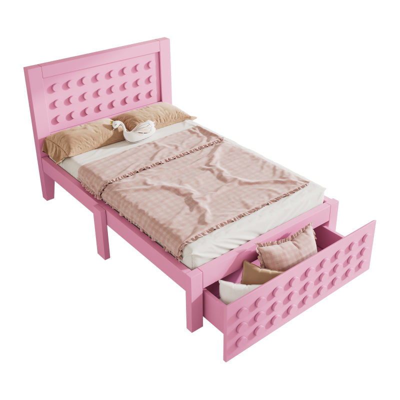 Holzbett Einzelbett 90x200 cm, Kinderbett Jugendbett mit Kreativem Block Design, Massivholz Bettgestell mit Lattenrost, mit Schubladen & Unterm Bett Stauraum, Rosa, Ohne Matratze