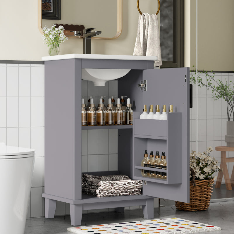 51x34x83cmBodenstehender Badezimmerschrank, Waschtisch, komplett lackiert, Türregale, verstellbare Regale, integriertes Keramikwaschbecken, geeignet für kleine Räume, Grau