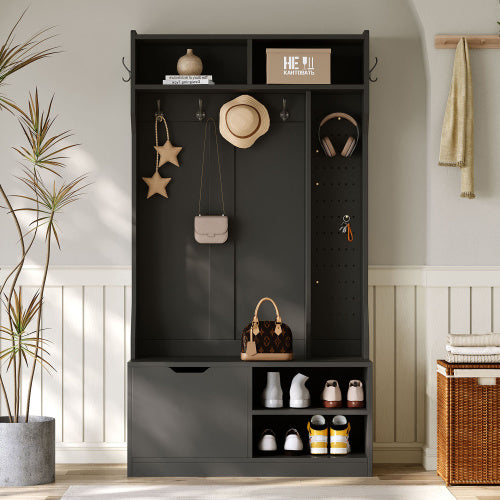 Garderobenset, Komplett-Set Flurgarderobe mit Sitzbank, 6 Haken, 1 Türen & 4 Offener Lagerraum, Schwarz