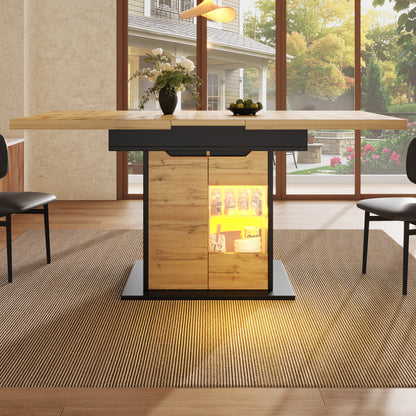 Ausziehbarer Esstisch 110-140x80cm mit LED-App-Steuerung & USB, Küchentisch Schwarz/Natur mit Glas-Schranktüren & Snackregal