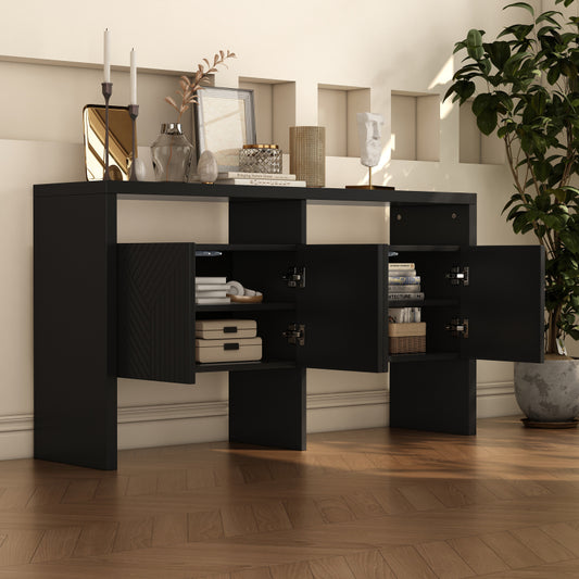 Kommode / Sideboard / Flurschrank mit 2 offenen Fächern und 4 Türen, Schwarz
