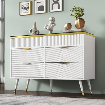 Kommode Sideboard aus Bernstein Glas, Kommode mit 6 Schubladen,Facheinteilung, kippsicher, Hochschrank für Schlafzimmer und alle Wohnräume, 120 x 40 x 76 cm, weiß