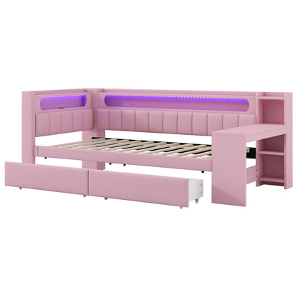 Daybed 90x200, Rosa, USB, LED-Beleuchtung, Schreibtisch & 2 Schubladen